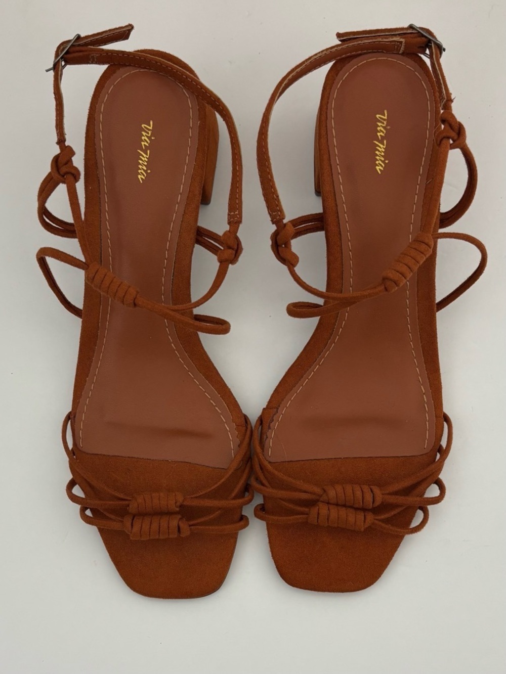 Via Mia Strappy Block Heel Suede Rust Brown Sandals Square Toe Ankle Strap 8.5 - Picture 3 of 14
